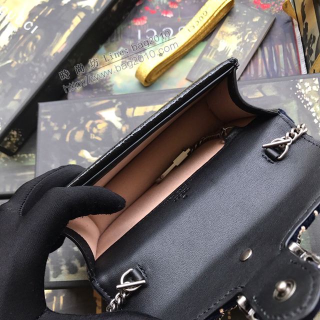 Gucci包 古馳女包 476432藍刺繡天鵝絨 Gucci真皮鏈條超迷你斜挎包  gudj1340